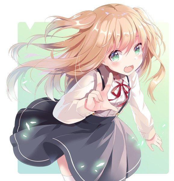 Anime picture 1157x1200 with original shiro kuma shake single long hair tall image looking at viewer blush fringe open mouth simple background blonde hair smile hair between eyes standing green eyes :d two side up floating hair border victory