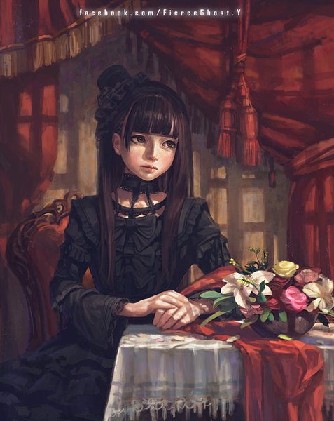 Anime picture 2984x3753 with original fierce ghost.y single long hair tall image fringe highres black hair sitting brown eyes signed looking away indoors blunt bangs lolita fashion hands clasped goth-loli gothic girl dress