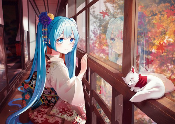 Anime picture 3508x2480 with vocaloid hatsune miku iren lovel single blush fringe highres blue eyes smile standing twintails payot blue hair looking away absurdres indoors very long hair traditional clothes japanese clothes hair flower