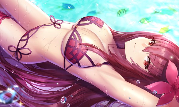 Anime picture 1483x893 with fate (series) fate/grand order scathach (fate) (all) scathach (swimsuit assassin) (fate) dolce (dolsuke) single long hair looking at viewer blush fringe breasts light erotic smile hair between eyes red eyes wide image large breasts cleavage purple hair outdoors