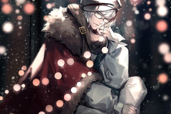 Anime picture 1600x1067 with arknights elysium (arknights) elysium (snowy echo) (arknights) skade single looking at viewer short hair sitting white hair official alternate costume snowing white eyes boy hat glasses scarf