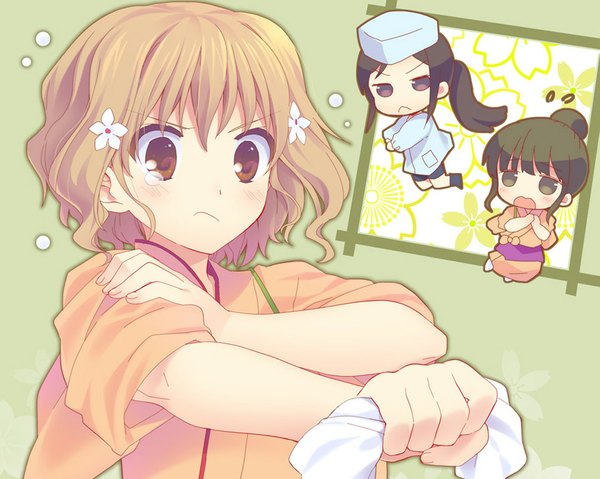 Anime picture 1024x819 with hanasaku iroha p.a. works matsumae ohana oshimizu nako tsurugi minko long hair blush short hair open mouth black hair brown hair multiple girls brown eyes traditional clothes tears chibi girl hair ornament 3 girls