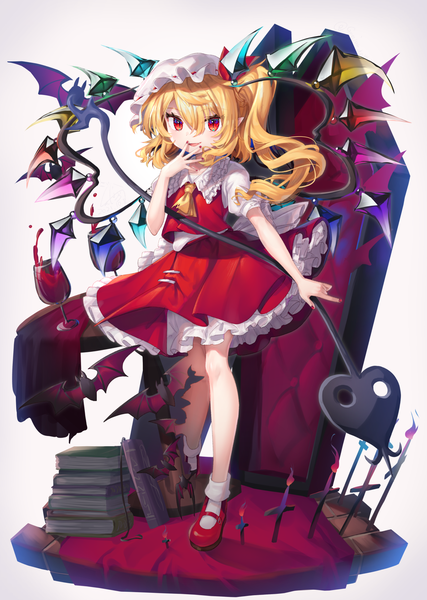 Anime picture 1244x1749 with touhou flandre scarlet gunjou row single long hair tall image looking at viewer blush simple background blonde hair red eyes standing white background full body nail polish arm up fingernails pointy ears fang (fangs) one side up