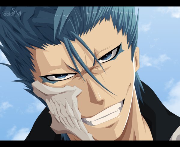 Anime picture 2000x1636 with bleach studio pierrot grimmjow jeagerjaques fabiansm single highres short hair smile sky cloud (clouds) aqua eyes aqua hair grin coloring letterboxed close-up face espada boy mask