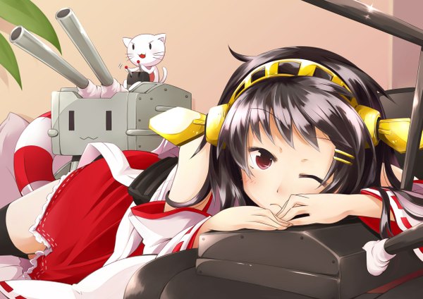 Anime picture 1227x868 with kantai collection rensouhou-chan haruna battleship batsubyou single long hair looking at viewer black hair red eyes lying one eye closed wink girl thighhighs black thighhighs detached sleeves animal hairband cat