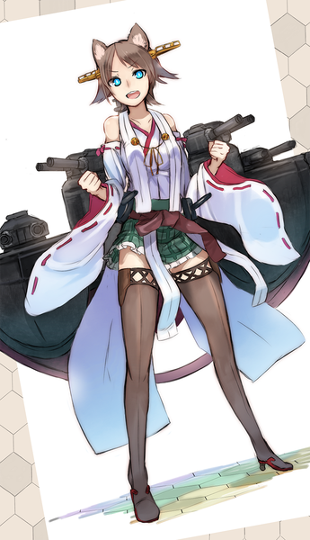 Anime picture 863x1500 with kantai collection hiei battleship ganesagi single tall image looking at viewer highres short hair open mouth blue eyes brown hair standing white background bare shoulders animal ears traditional clothes japanese clothes plaid skirt kemonomimi mode nontraditional miko