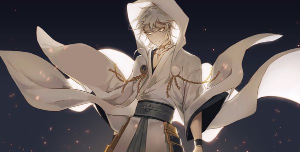 Anime picture 2300x1170 with touken ranbu nitroplus tsurumaru kuninaga t11830 single highres short hair simple background wide image yellow eyes silver hair upper body traditional clothes japanese clothes black background boy hood