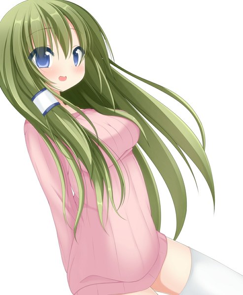 Anime picture 948x1154 with touhou kochiya sanae chimunge single long hair tall image looking at viewer blush open mouth blue eyes simple background white background green hair girl thighhighs white thighhighs sweater hair tubes