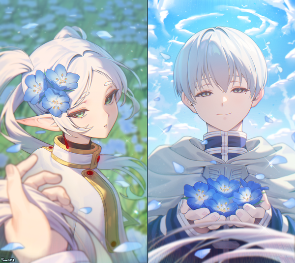 Anime picture 2246x2000 with sousou no frieren frieren himmel (sousou no frieren) choney long hair looking at viewer fringe highres short hair smile hair between eyes green eyes silver hair looking back hair flower pointy ears mole mole under eye elf multiview