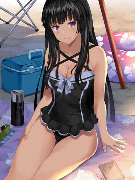 Anime picture 1500x2000 with bang dream! shirokane rinko asato (fadeless) single long hair tall image looking at viewer blush fringe breasts light erotic black hair smile sitting purple eyes cleavage outdoors blunt bangs arm support shadow