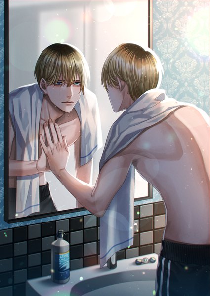 Anime picture 650x918 with original kurayoshi samu (sum) single tall image fringe short hair blue eyes hair between eyes brown hair standing looking away indoors from behind sunlight leaning leaning forward lens flare reflection bare back towel around neck