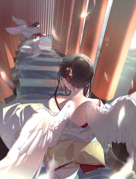 Anime picture 5000x6563 with original oekaki taro long hair tall image highres short hair black hair standing multiple girls absurdres full body traditional clothes japanese clothes from above from behind blurry hair bun (hair buns) depth of field lens flare standing on one leg