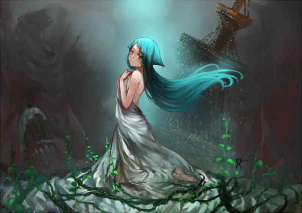 Anime picture 1272x900 with saya no uta nitroplus saya (saya no uta) charimei single long hair blush bare shoulders barefoot aqua eyes aqua hair torn clothes girl dress plant (plants) white dress cage vines