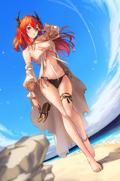 Anime picture 2000x3000 with arknights surtr (arknights) surtr (colorful wonderland) (arknights) bowlp single long hair tall image fringe highres breasts light erotic hair between eyes large breasts yellow eyes looking away sky cleavage cloud (clouds) full body outdoors