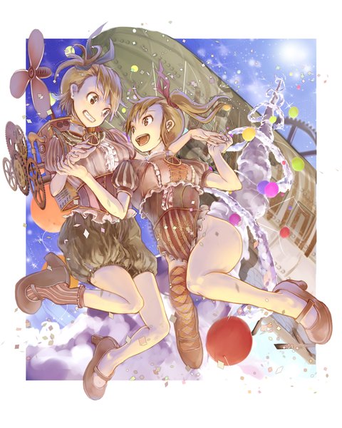 Anime picture 1500x1873 with idolmaster futami mami futami ami yae (mono110) long hair tall image open mouth brown hair multiple girls brown eyes ponytail grin side ponytail holding hands siblings sisters midair asymmetrical clothes steam punk girl