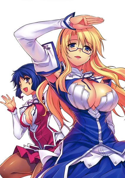 Anime picture 4929x7008 with freezing satellizer el bridget lana rinchen kim kwang hyun long hair tall image looking at viewer blush highres breasts open mouth blue eyes light erotic simple background blonde hair large breasts white background multiple girls blue hair absurdres