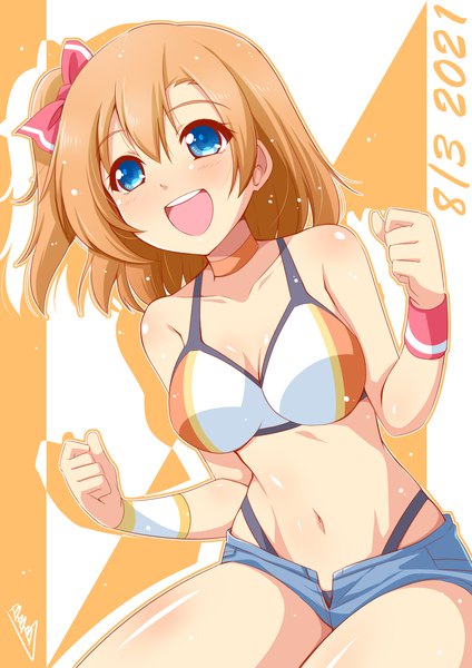 Anime picture 2480x3508 with love live! school idol project sunrise (studio) love live! kousaka honoka bunji single tall image looking at viewer blush fringe highres short hair breasts open mouth blue eyes light erotic smile hair between eyes signed :d