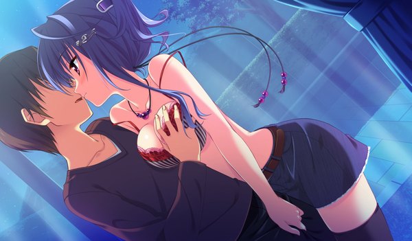 Anime picture 1024x600 with princess evangile kitamikado ayaka yamakaze ran short hair light erotic black hair wide image blue hair game cg pink eyes breast grab kiss girl boy