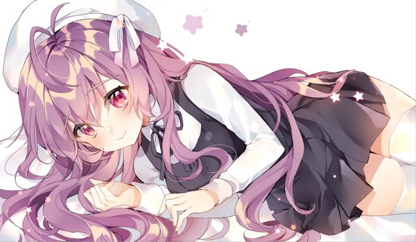 Anime picture 1125x655 with original pingo single long hair looking at viewer blush simple background smile wide image white background purple hair ahoge lying pink eyes on side girl thighhighs white thighhighs star (symbol) beret