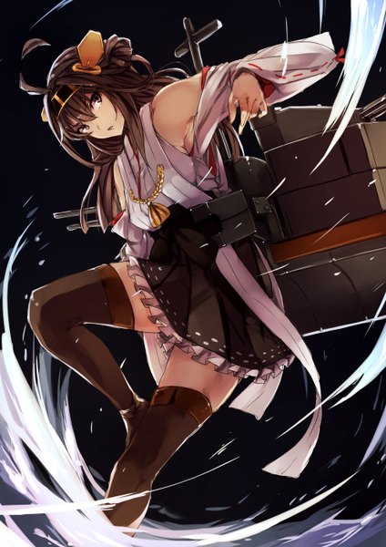 Anime picture 990x1400 with kantai collection kongou battleship kyouya (mukuro238) single long hair tall image looking at viewer open mouth blue eyes brown hair traditional clothes nontraditional miko girl thighhighs skirt hair ornament weapon detached sleeves
