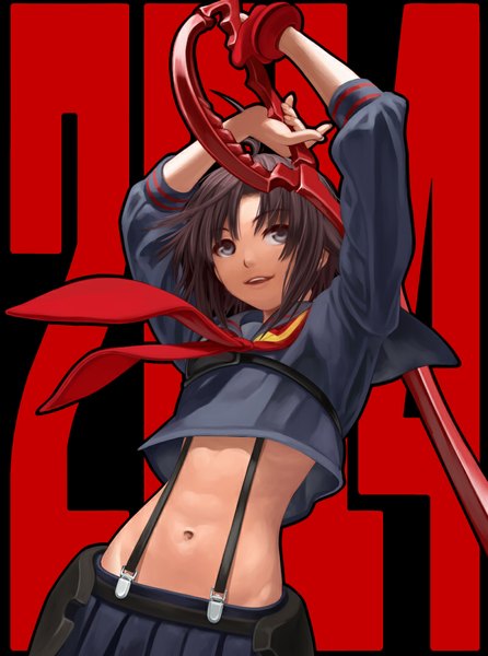 Anime picture 800x1075 with idolmaster idolmaster (classic) kill la kill studio trigger kikuchi makoto nekopuchi single tall image short hair brown hair bare belly grey eyes looking up cosplay matoi ryuuko (cosplay) girl skirt navel uniform weapon