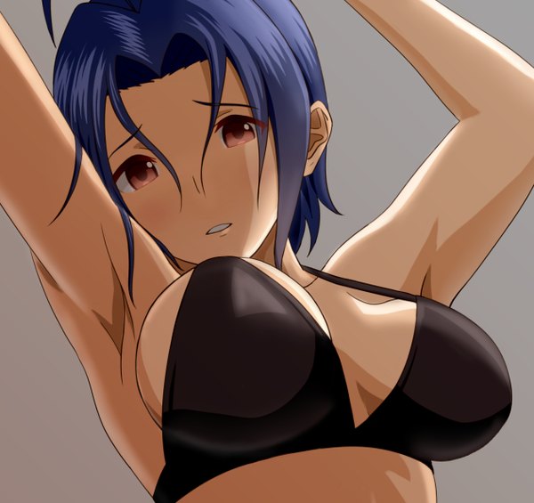 Anime picture 1264x1192 with idolmaster miura azusa taka (takahirokun) single looking at viewer blush short hair light erotic simple background red eyes purple hair grey background arms up armpit (armpits) girl lingerie bra
