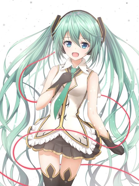 Anime picture 800x1067 with vocaloid hatsune miku akira (been0328) single tall image looking at viewer blush fringe breasts open mouth blue eyes smile hair between eyes standing white background twintails bare shoulders payot very long hair :d