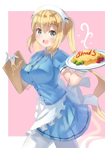 Anime picture 2480x3508 with blend s a-1 pictures hinata kaho holmemee single tall image looking at viewer blush fringe highres breasts open mouth blonde hair simple background smile hair between eyes large breasts twintails holding payot