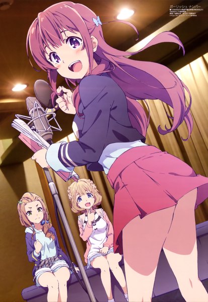 Anime picture 4099x5934 with girlish number megami magazine karasuma chitose (giarlish number) kugayama yae katakura koto katou hiromasa long hair tall image blush highres short hair open mouth blue eyes light erotic brown hair sitting purple eyes multiple girls absurdres purple hair