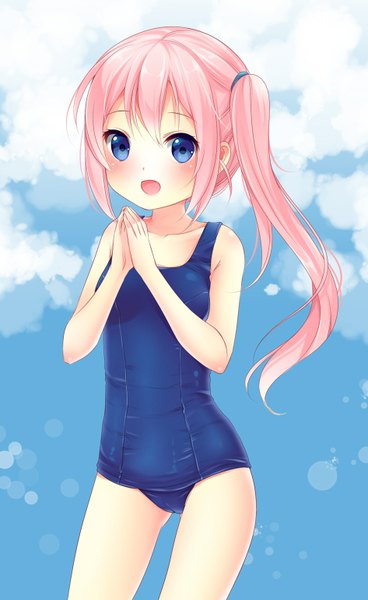 Anime picture 945x1540 with original nami (nyaa) single tall image looking at viewer short hair open mouth blue eyes light erotic pink hair ponytail loli side ponytail girl swimsuit