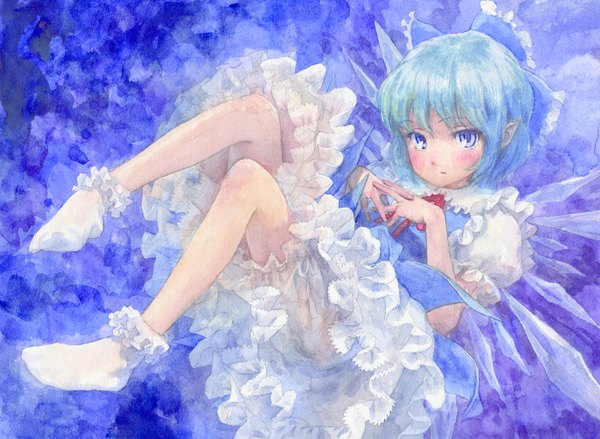 Anime picture 1455x1066 with touhou cirno misawa hiroshi single looking at viewer blush short hair blue eyes blue hair traditional media watercolor (medium) girl bow hair bow wings socks white socks crystal ice knickers