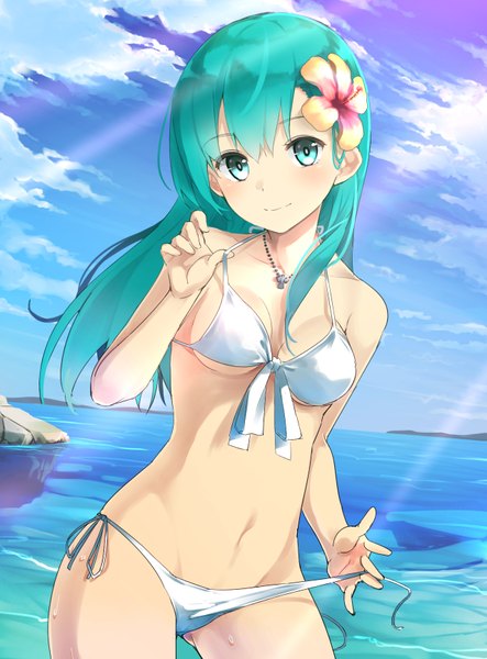 Anime picture 1276x1728 with kantai collection suzuya heavy cruiser musk tiger single long hair tall image looking at viewer blush fringe light erotic bare shoulders green eyes sky hair flower green hair midriff girl hair ornament flower (flowers) swimsuit