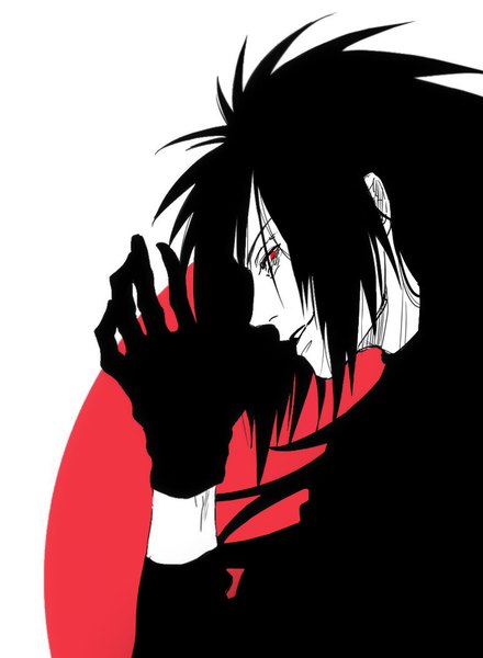 Anime picture 774x1054 with naruto studio pierrot naruto (series) uchiha madara tagme (artist) single long hair tall image looking at viewer simple background smile red eyes white background profile monochrome smirk spot color boy gloves
