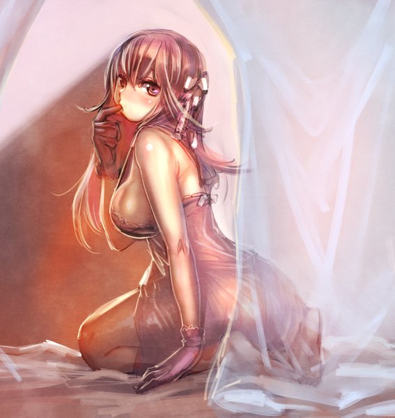 Anime picture 1326x1403 with original bow (bhp) single long hair tall image looking at viewer blush breasts light erotic large breasts sitting pink hair pink eyes looking back barefoot turning head finger in mouth girl gloves ribbon (ribbons)