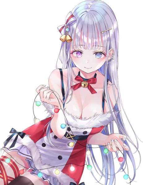 Anime picture 1000x1298 with original nabi (uz02) single long hair tall image looking at viewer blush fringe breasts blue eyes simple background white background sitting purple eyes bare shoulders cleavage silver hair blunt bangs nail polish light smile
