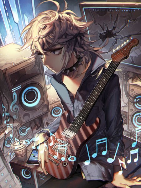 Anime picture 768x1024 with cookie run rockstar cookie kawacy single tall image short hair blonde hair sitting signed looking away arm support eyebrows eyeshadow messy hair broken glass treble clef boy ring collar mobile phone