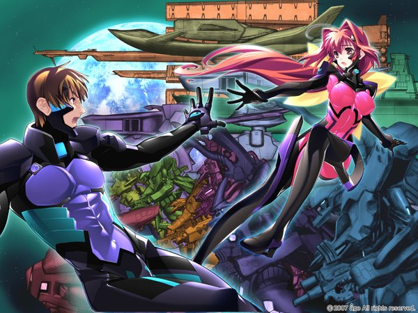 Anime picture 1600x1200 with muv-luv kagami sumika shirogane takeru bou (inubou) long hair short hair breasts open mouth red eyes brown hair brown eyes red hair outstretched arm 2007 girl boy gloves black gloves bodysuit planet