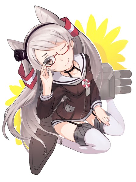 Anime picture 2771x3707 with kantai collection amatsukaze destroyer samanta single long hair tall image fringe highres light erotic simple background smile white background sitting brown eyes silver hair one eye closed from above wink two side up wariza