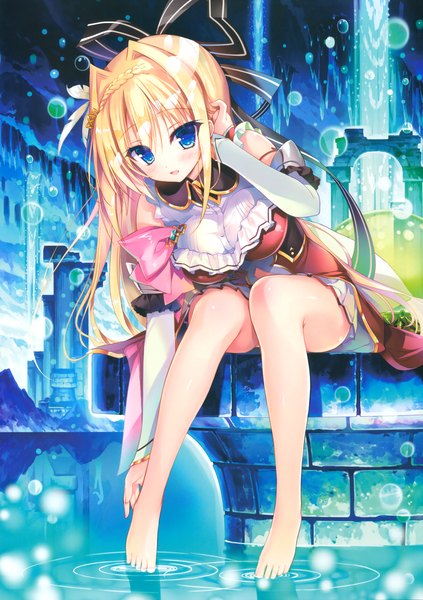 Anime picture 2771x3927 with original youta single long hair tall image looking at viewer blush highres open mouth blue eyes blonde hair sitting barefoot scan bare legs girl dress ribbon (ribbons) hair ribbon