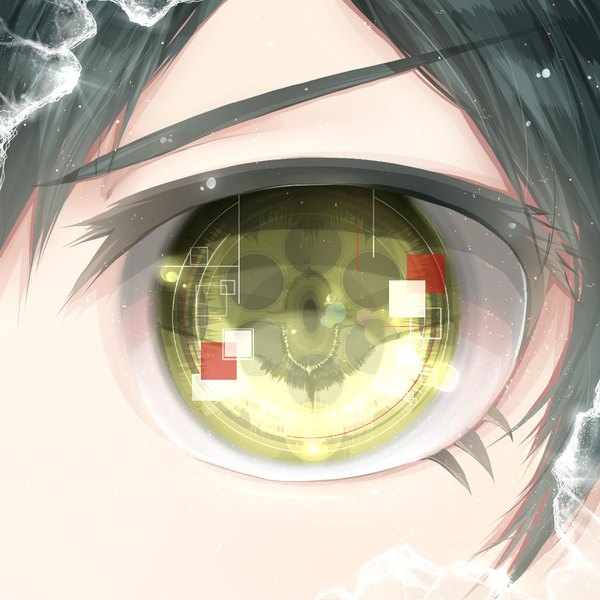 Anime picture 1024x1024 with dangan ronpa new danganronpa v3 saihara shuuichi meiya (dia douya) single looking at viewer fringe black hair yellow eyes close-up broken glass boy eye