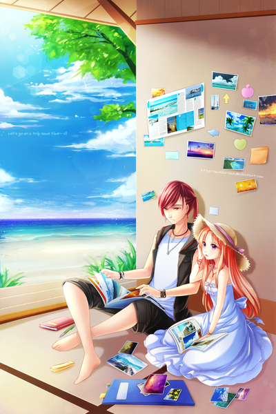 Anime picture 900x1349 with original zenithomocha long hair tall image short hair open mouth blonde hair red eyes sky cloud (clouds) ponytail red hair pink eyes sunlight beach girl dress boy plant (plants) hat