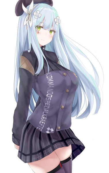 Anime picture 2100x3320 with girls frontline hk416 (girls frontline) ru zhai single long hair tall image looking at viewer blush fringe highres simple background smile hair between eyes standing white background green eyes silver hair blunt bangs long sleeves pleated skirt