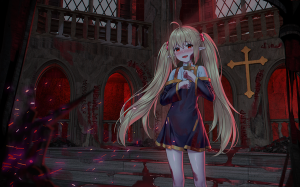 Anime picture 3350x2086 with original nay single long hair looking at viewer blush fringe highres open mouth blonde hair hair between eyes red eyes wide image standing twintails holding payot absurdres ahoge indoors