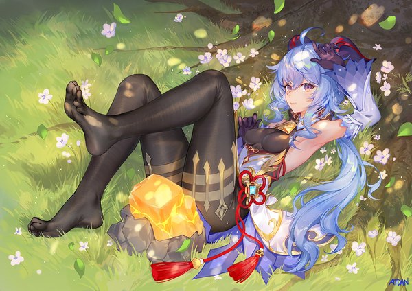 Anime picture 1500x1060 with genshin impact ganyu (genshin impact) atdan single long hair looking at viewer fringe breasts light erotic smile hair between eyes purple eyes signed payot blue hair ahoge bent knee (knees) outdoors lying traditional clothes