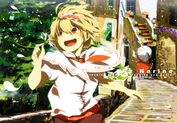 Anime picture 2000x1397 with touhou alice margatroid kazami yuuka siirakannu highres short hair open mouth blonde hair red eyes multiple girls girl dress flower (flowers) 2 girls plant (plants) petals tree (trees) building (buildings) umbrella