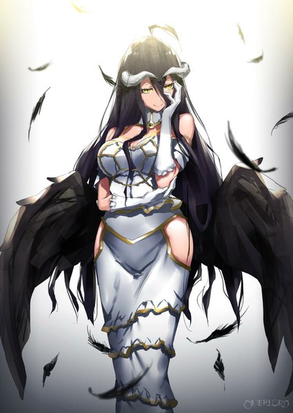 Anime picture 752x1062 with overlord (maruyama) madhouse albedo (overlord) pyz (cath x tech) single long hair tall image looking at viewer fringe breasts black hair smile large breasts standing bare shoulders signed yellow eyes ahoge horn (horns) sunlight