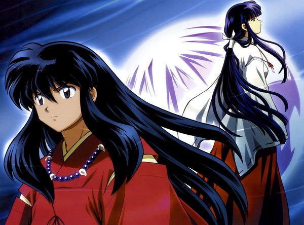 Anime picture 8565x6348 with inuyasha inuyasha (character) inuyasha (human form) long hair highres black hair absurdres traditional clothes japanese clothes black eyes miko girl boy beads prayer beads