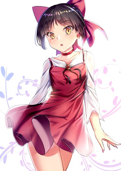 Anime picture 724x1023 with gegege no kitarou toei animation nekomusume nekomusume (gegege no kitarou 6) yan (nicknikg) single tall image looking at viewer blush fringe short hair open mouth black hair simple background standing yellow eyes :o fang (fangs) girl dress