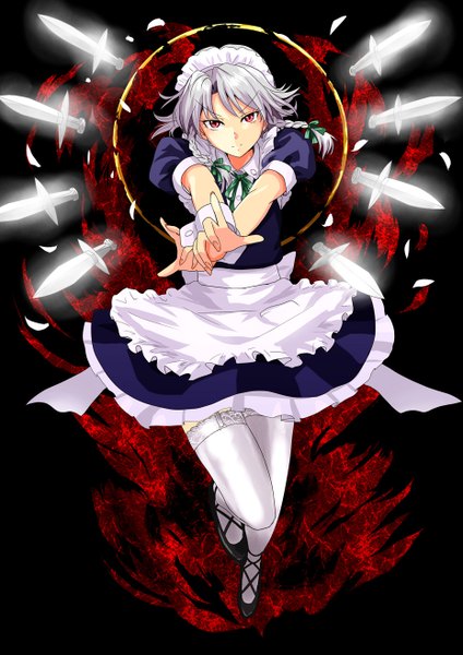 Anime picture 929x1316 with touhou izayoi sakuya kinta (distortion) single long hair tall image looking at viewer fringe simple background smile red eyes braid (braids) grey hair maid twin braids outstretched arm black background girl thighhighs uniform