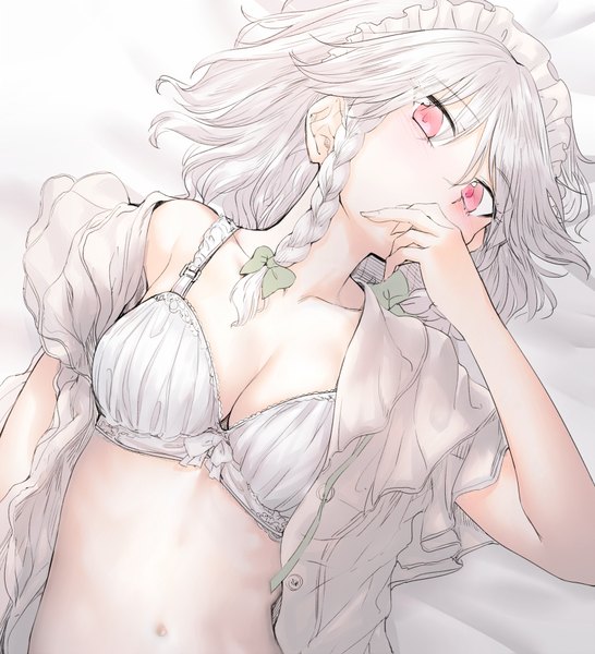 Anime picture 800x879 with touhou izayoi sakuya geppewi single tall image looking at viewer blush fringe short hair light erotic bare shoulders white hair lying braid (braids) pink eyes grey hair open clothes bare belly open shirt twin braids